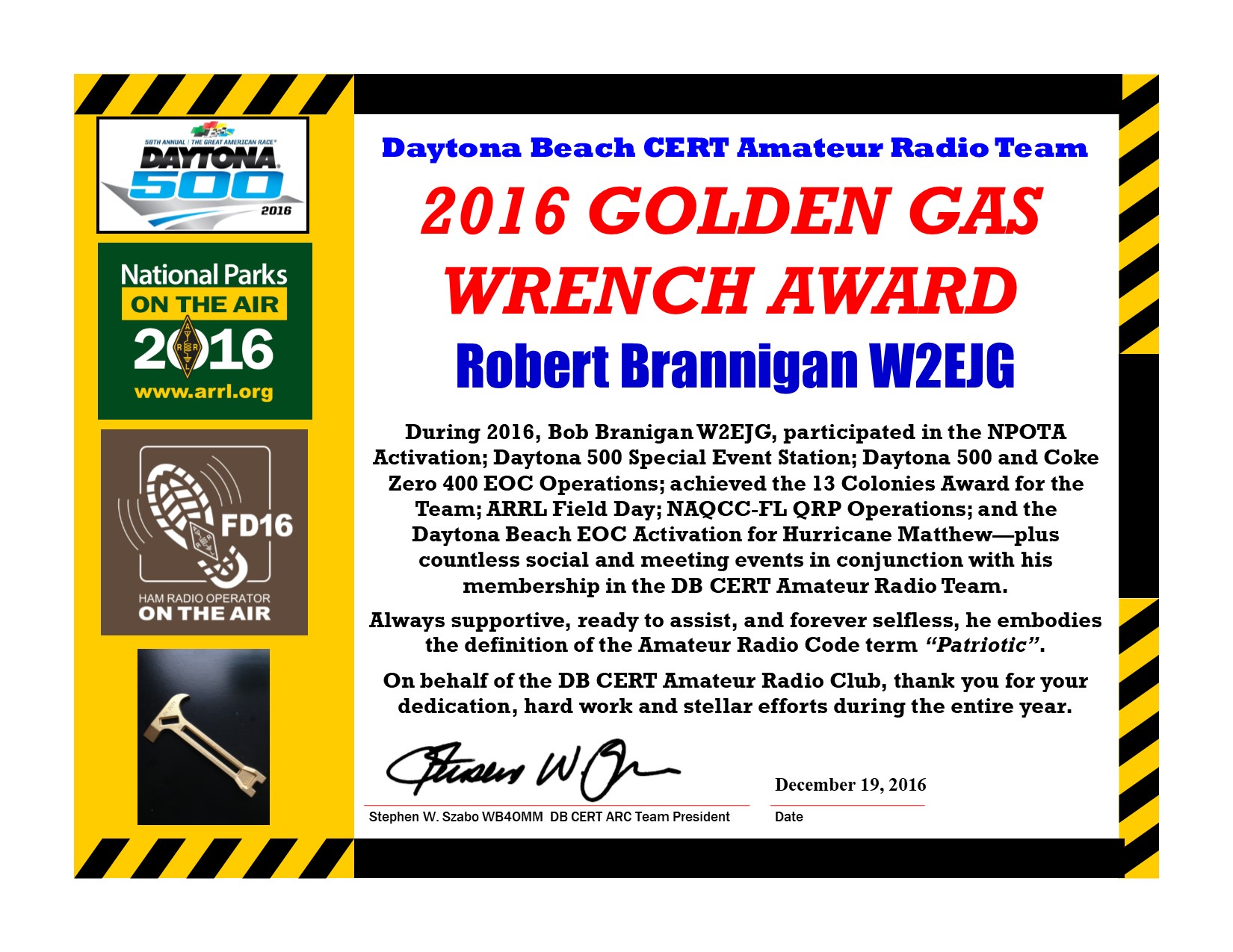 DBCERT ARC 2016 Certificate W2EJG Gas Wrench Award