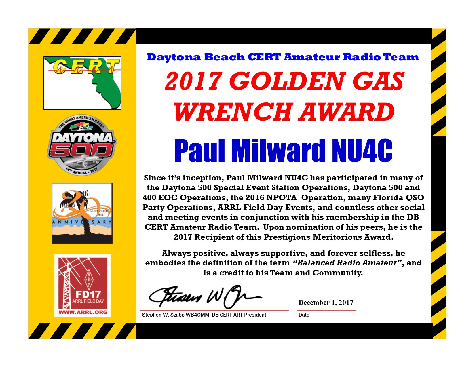 DBCERT ARC 2017 Certificate NU4C Gas Wrench Award